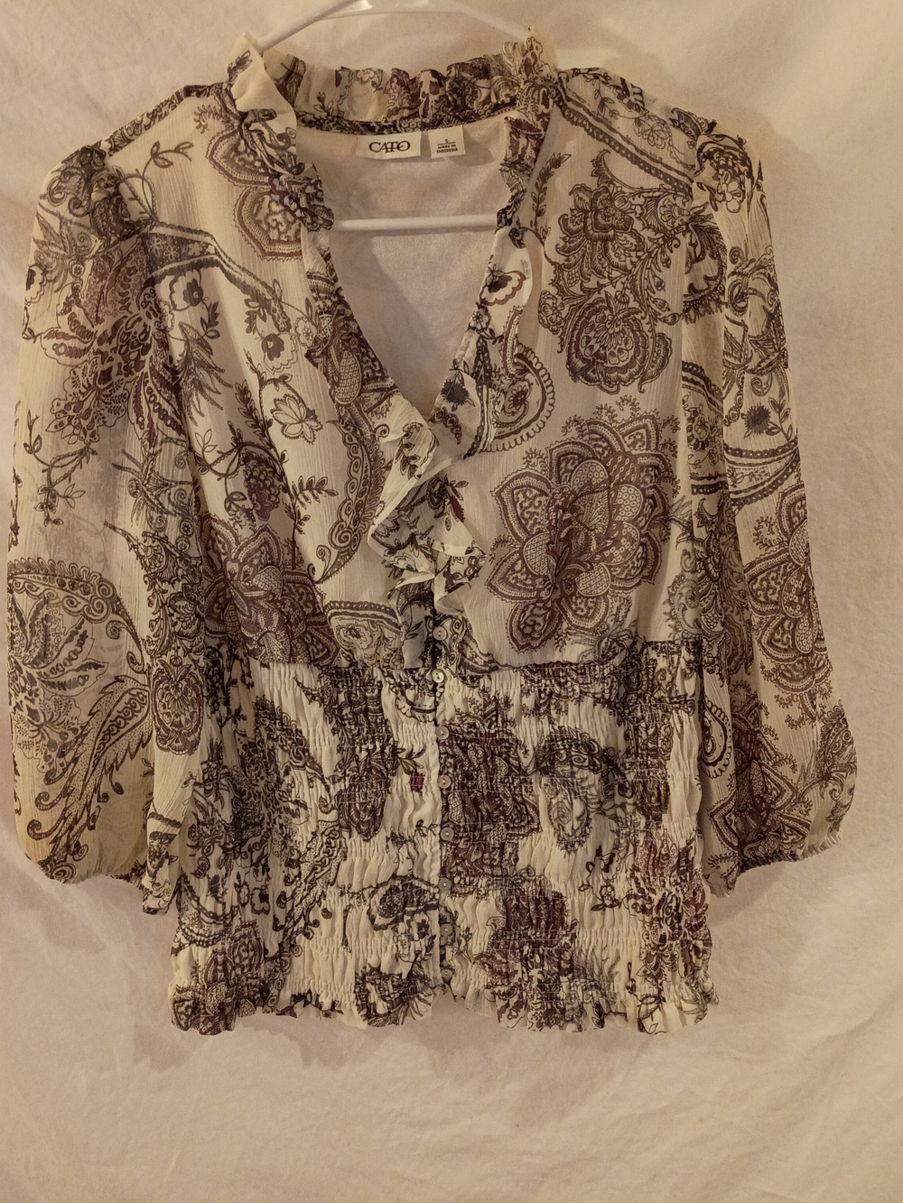 Cato Cream and Brown Paisley Ruffle Smocked Waist Blouse